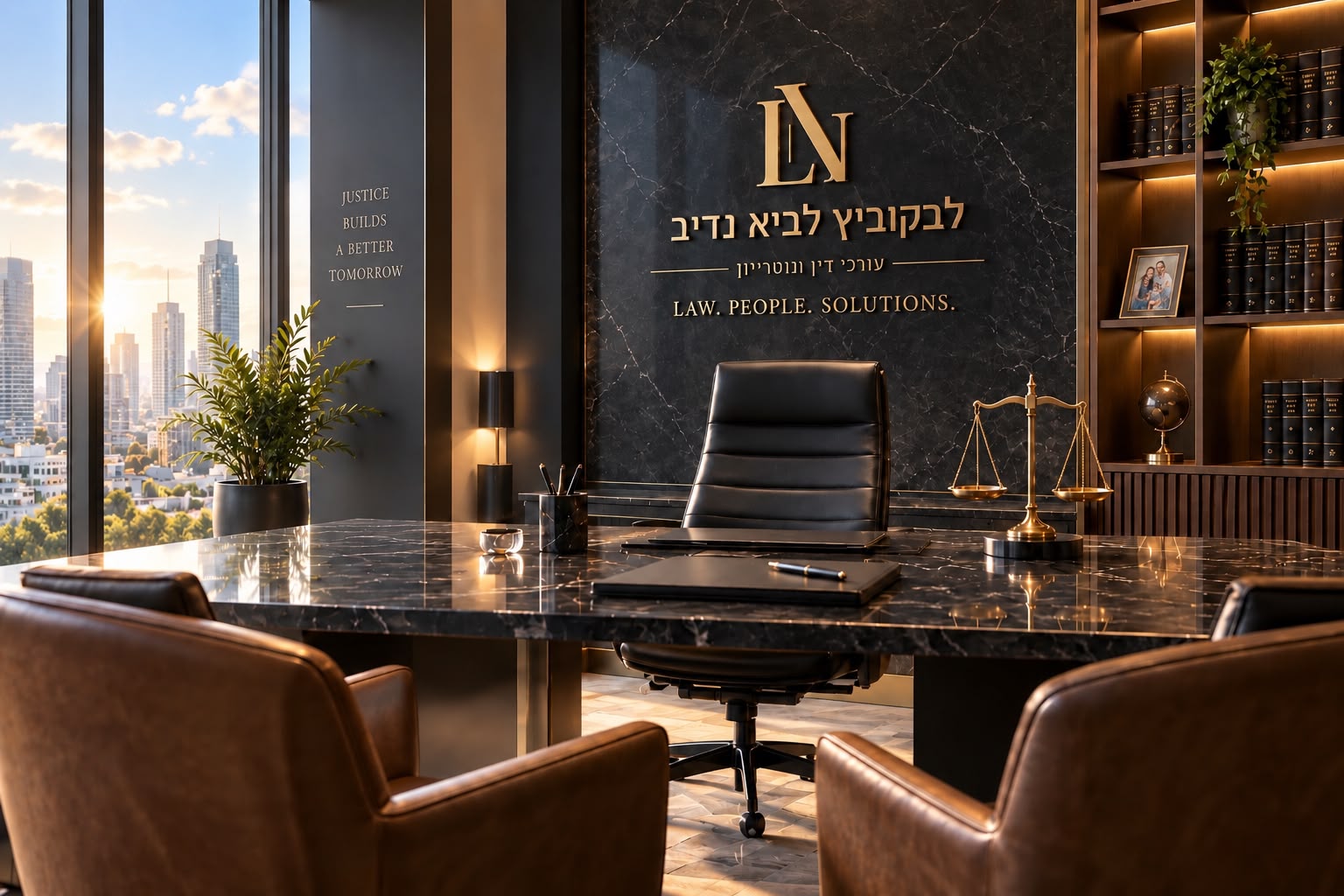 חדר הישיבות של משרד לבקוביץ לביא-נדיב ושות׳ עם לוגו המשרד על קיר השיש